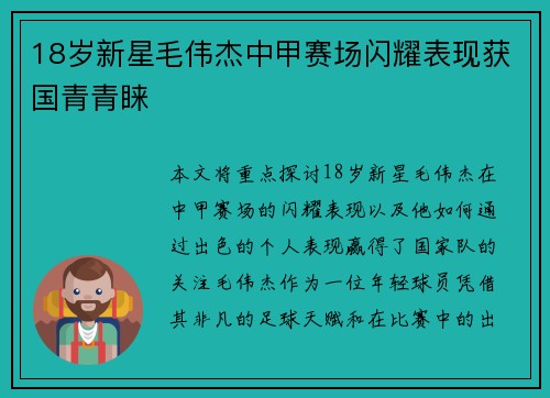 18岁新星毛伟杰中甲赛场闪耀表现获国青青睐 18岁新星毛伟杰中甲赛场闪耀表现获国青青睐