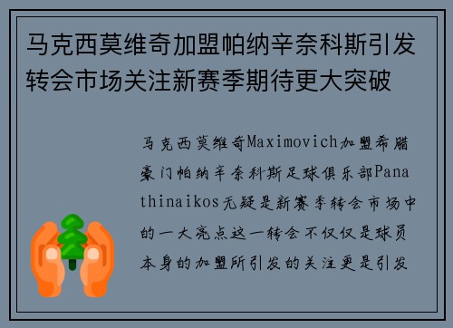 马克西莫维奇加盟帕纳辛奈科斯引发转会市场关注新赛季期待更大突破 马克西莫维奇加盟帕纳辛奈科斯引发转会市场关注新赛季期待更大突破