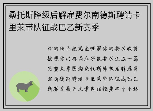 桑托斯降级后解雇费尔南德斯聘请卡里莱带队征战巴乙新赛季 桑托斯降级后解雇费尔南德斯聘请卡里莱带队征战巴乙新赛季